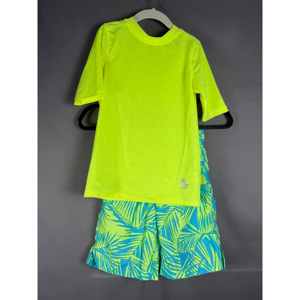 Place Sport Swim Set Kids Size M 7/8 Neon Yellow Blue Palm Tropical Rash Guard